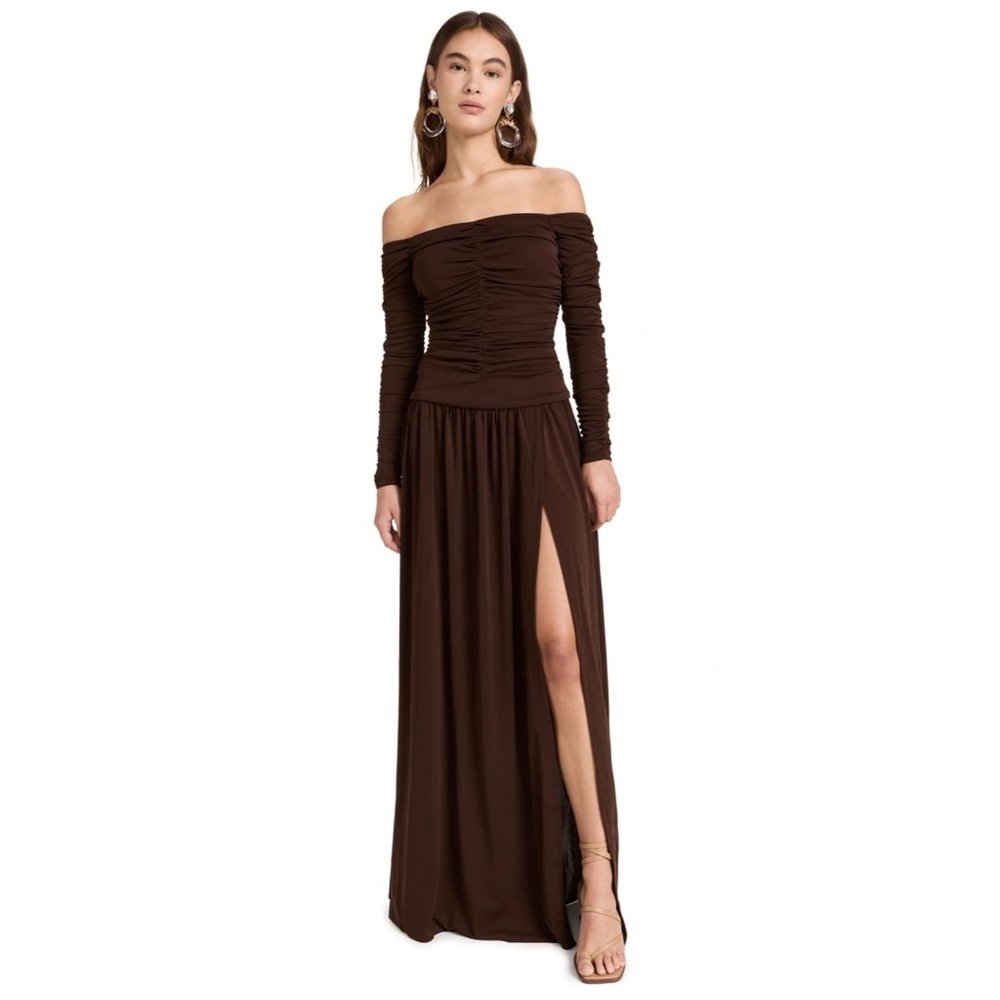 Tanya Taylor Marla Ruched Maxi Fit and Flare Dress Off Shoulder Mocha Brown 18